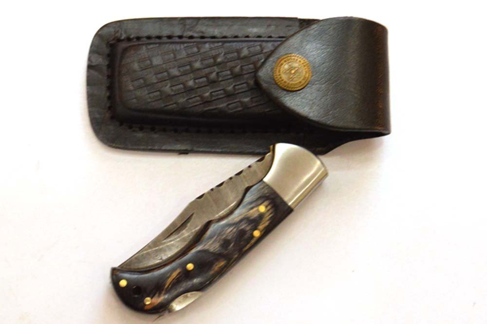 4 Inches HMK Hand Forged Damascus Steel Back Lock Folding Knife with Leather Sheath, Pocket knife Pakka Wood Handle ZE-59 - Image 7