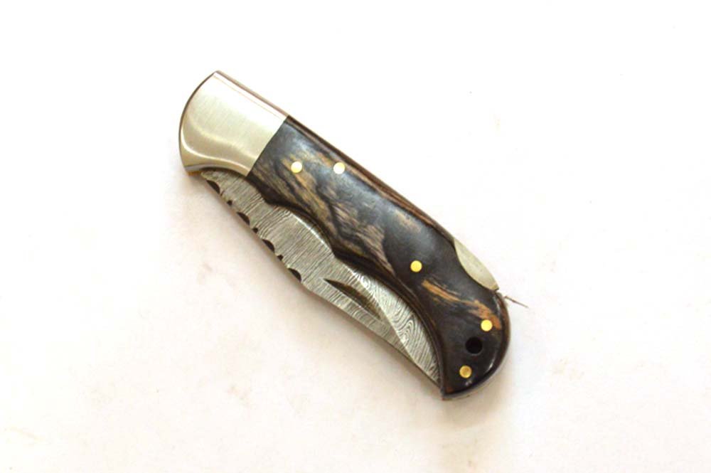 4 Inches HMK Hand Forged Damascus Steel Back Lock Folding Knife with Leather Sheath, Pocket knife Pakka Wood Handle ZE-59 - Image 3