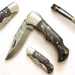 4 Inches HMK Hand Forged Damascus Steel Back Lock Folding Knife with Leather Sheath, Pocket knife Pakka Wood Handle ZE-59