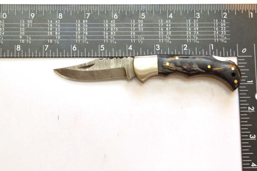 4 Inches HMK Hand Forged Damascus Steel Back Lock Folding Knife with Leather Sheath, Pocket knife Pakka Wood Handle ZE-59 - Image 5